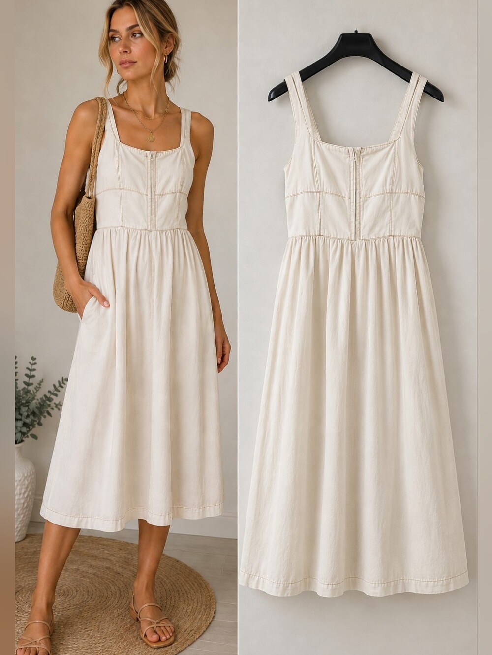 Lone Star NWT Cream Midi Sundress Square Neck A-Line Dress M